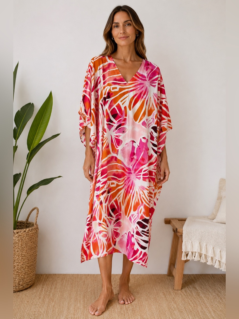 Natori Satin V-Neck Caftan Kimono Orange Pink Florals with Pockets, Size Medium